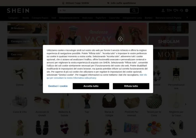 Schermata della pagina offerta di Shein