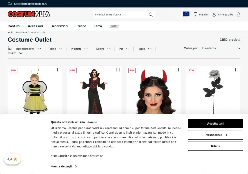 Schermata della pagina offerta di Costumalia.it
