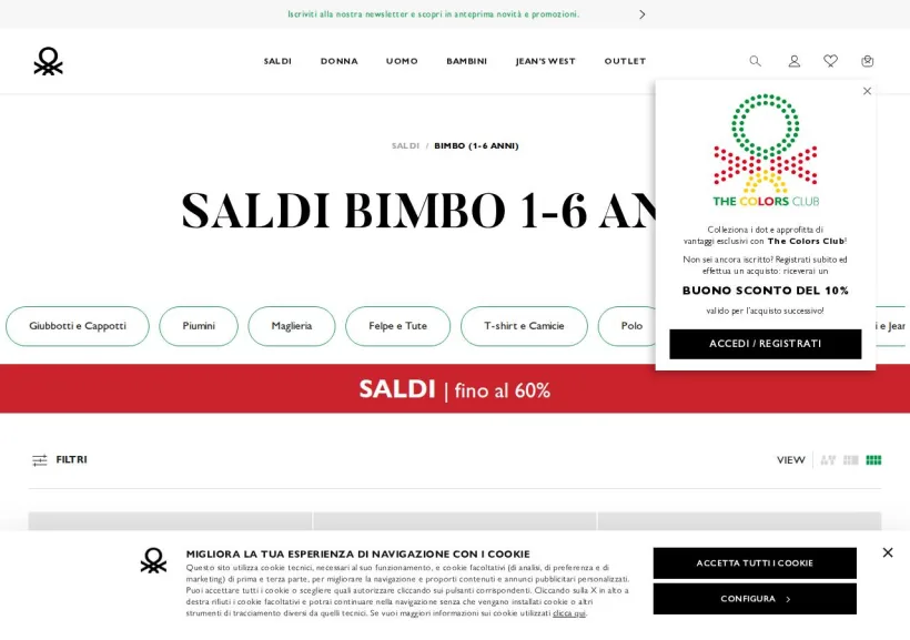 Schermata della pagina offerta di Benetton 