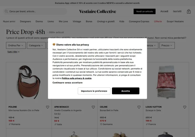 Schermata della pagina offerta di Vestiaire Collective