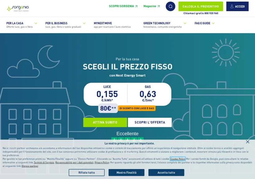 Schermata della pagina offerta di Sorgenia