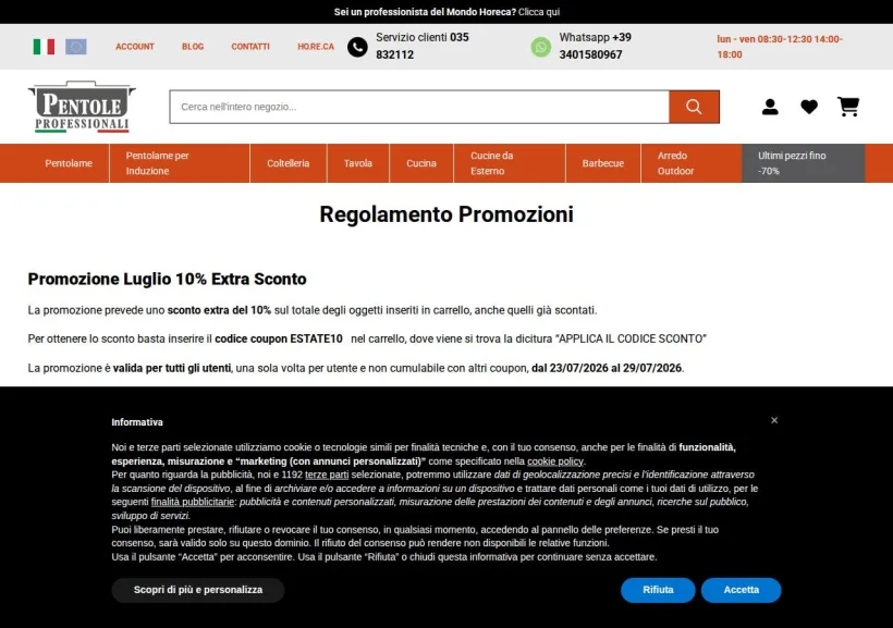 Schermata della pagina offerta di Pentole Professionali