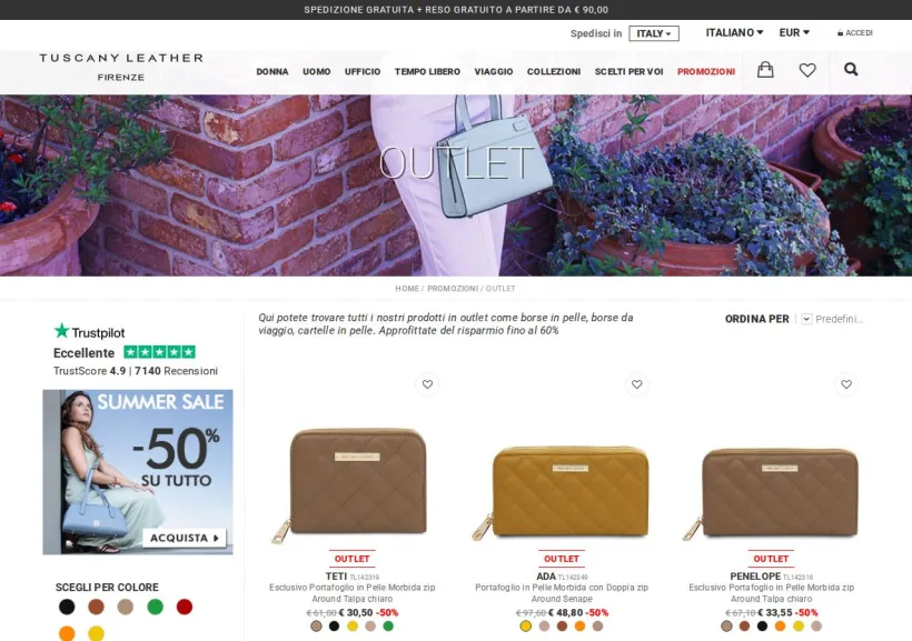 Schermata della pagina offerta di Tuscany Leather