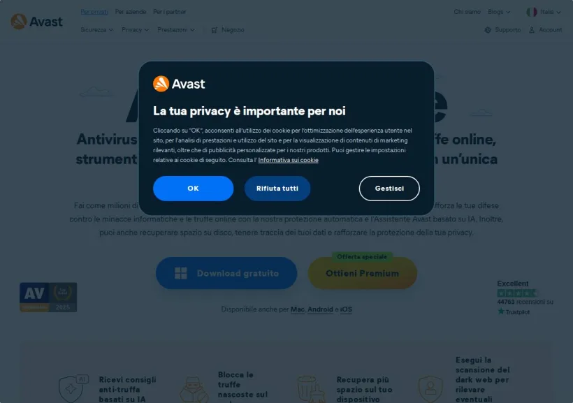 Schermata della pagina offerta di Avast