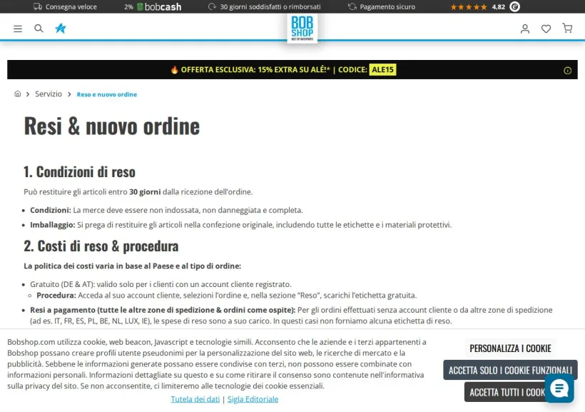 Schermata della pagina offerta di Bobshop