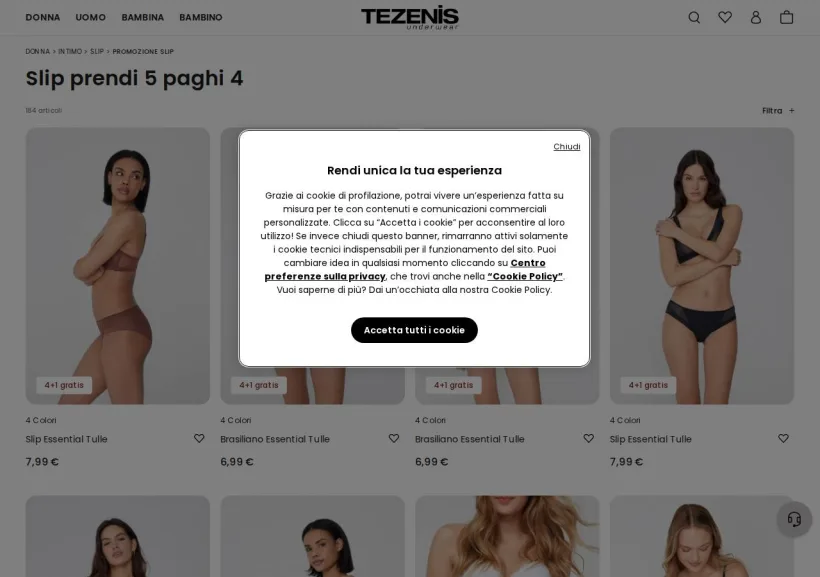 Schermata della pagina offerta di Tezenis