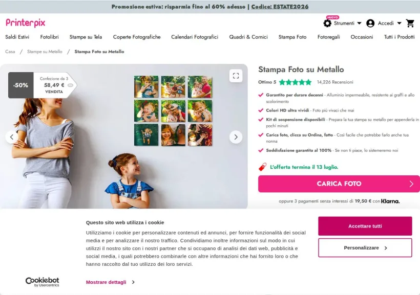 Schermata della pagina offerta di Printerpix