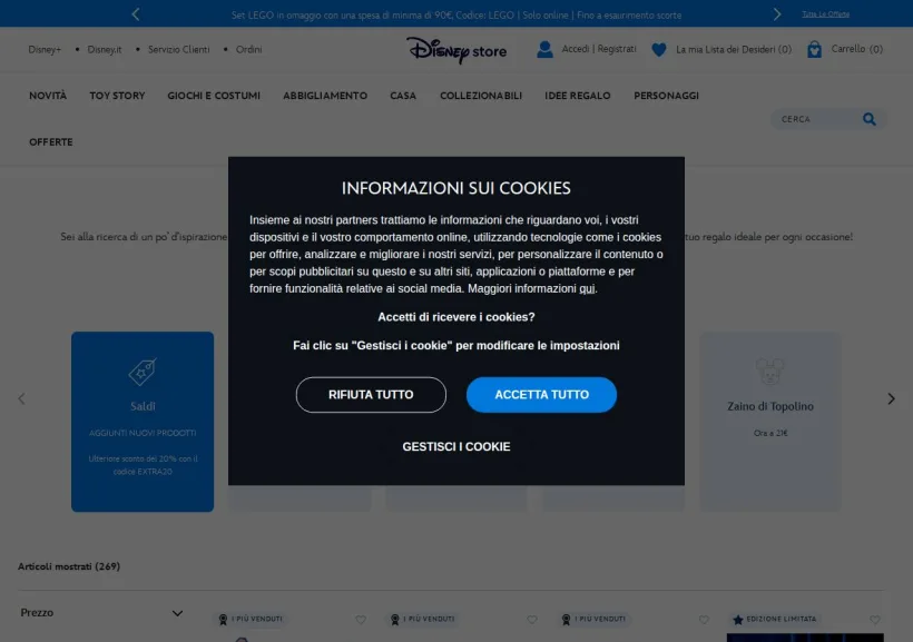 Schermata della pagina offerta di Shop Disney