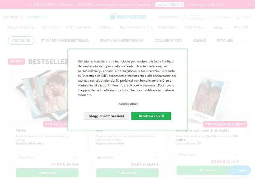 Schermata della pagina offerta di Myposter