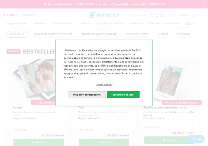Schermata della pagina offerta di Myposter