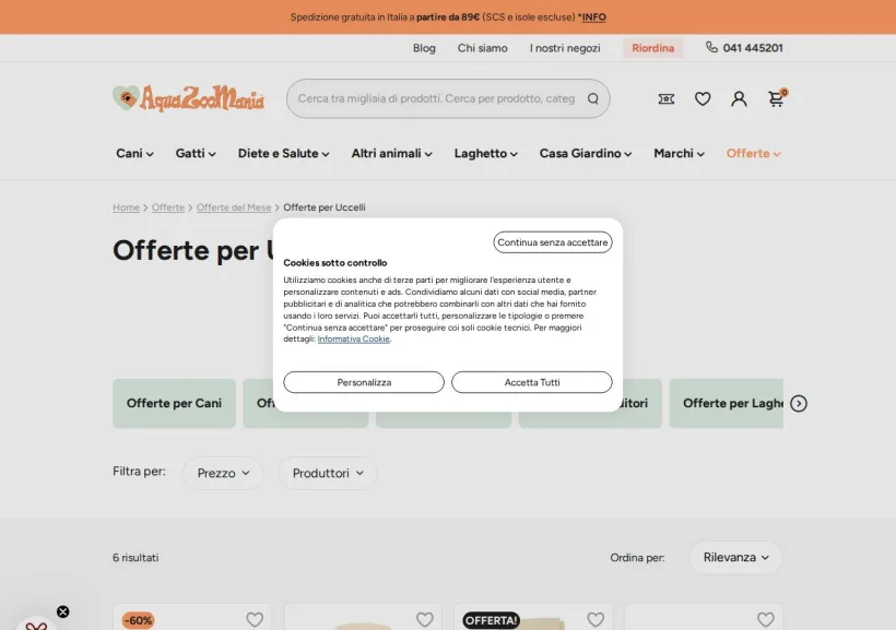 Schermata della pagina offerta di AquaZooMania