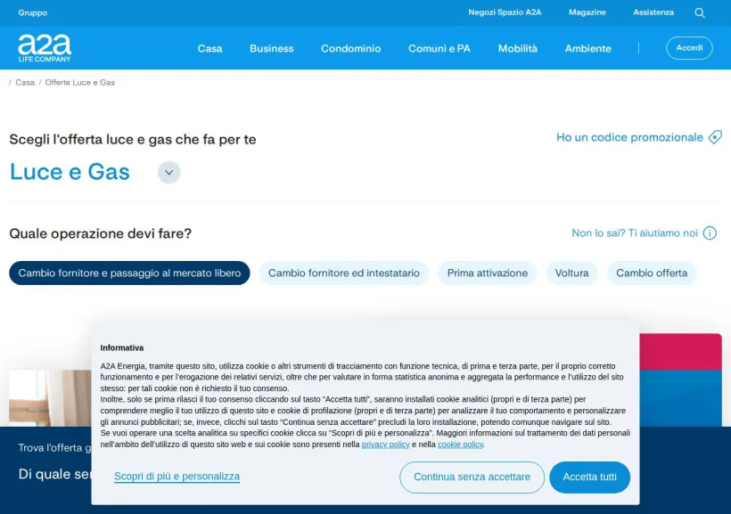 Schermata della pagina offerta di A2A Energia