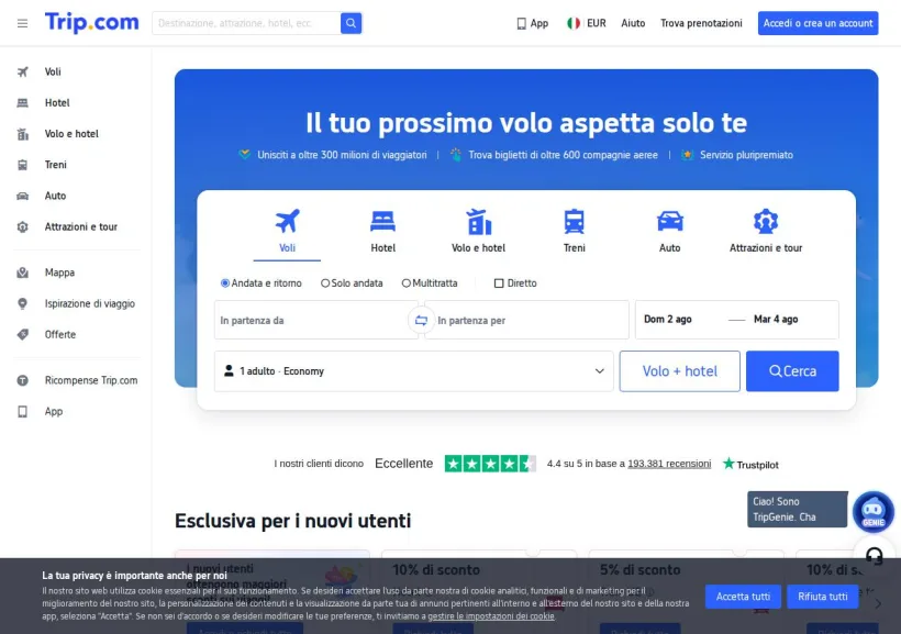 Schermata della pagina offerta di Trip.com