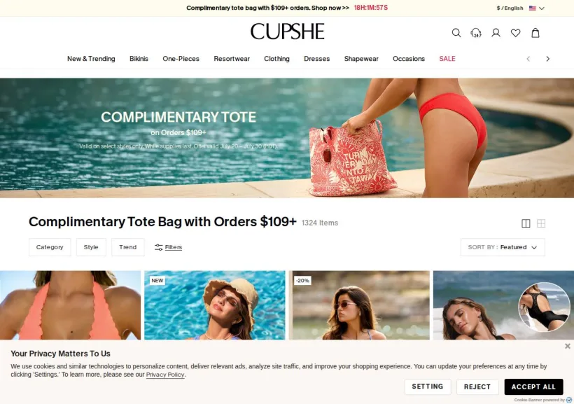 Schermata della pagina offerta di Cupshe