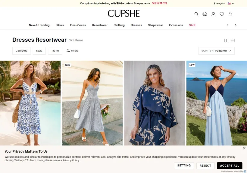 Schermata della pagina offerta di Cupshe