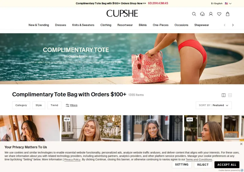 Schermata della pagina offerta di Cupshe
