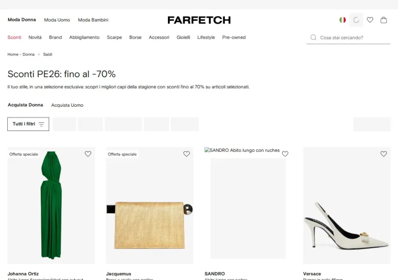 Schermata della pagina offerta di Farfetch