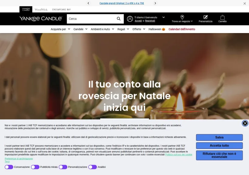 Schermata della pagina offerta di Yankee Candle