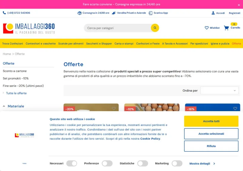 Schermata della pagina offerta di Imballaggi 360