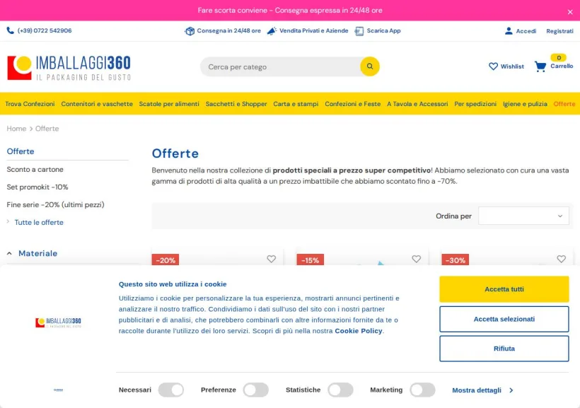 Schermata della pagina offerta di Imballaggi 360