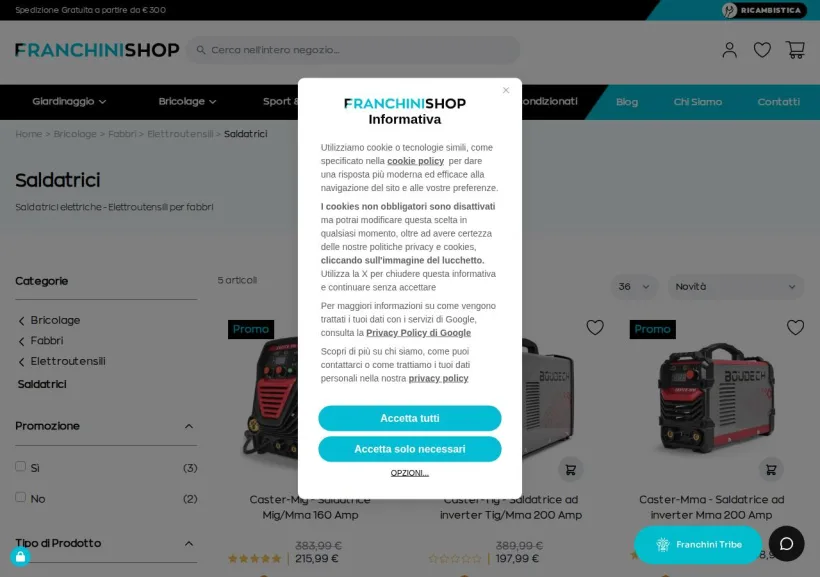 Schermata della pagina offerta di Franchini Shop