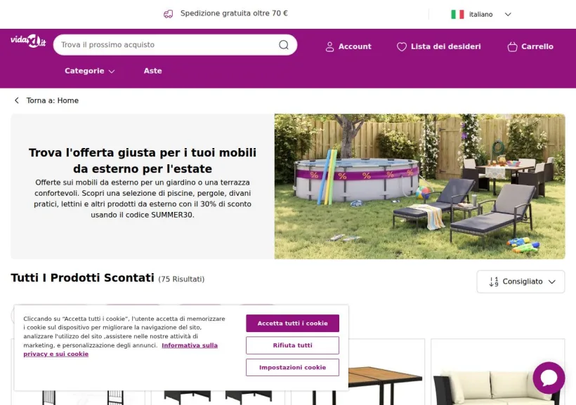 Schermata della pagina offerta di vidaXL