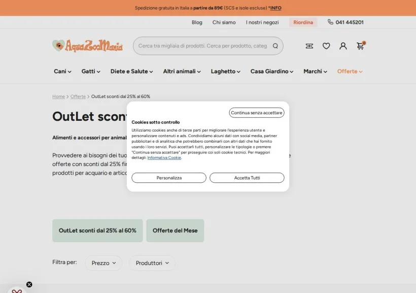 Schermata della pagina offerta di AquaZooMania