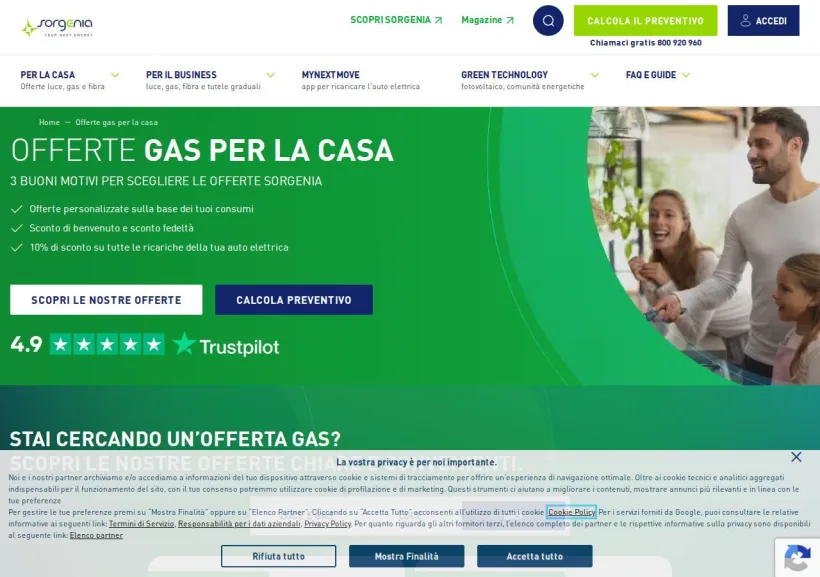 Schermata della pagina offerta di Sorgenia
