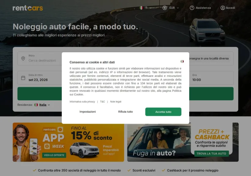 Schermata della pagina offerta di Rent Cars