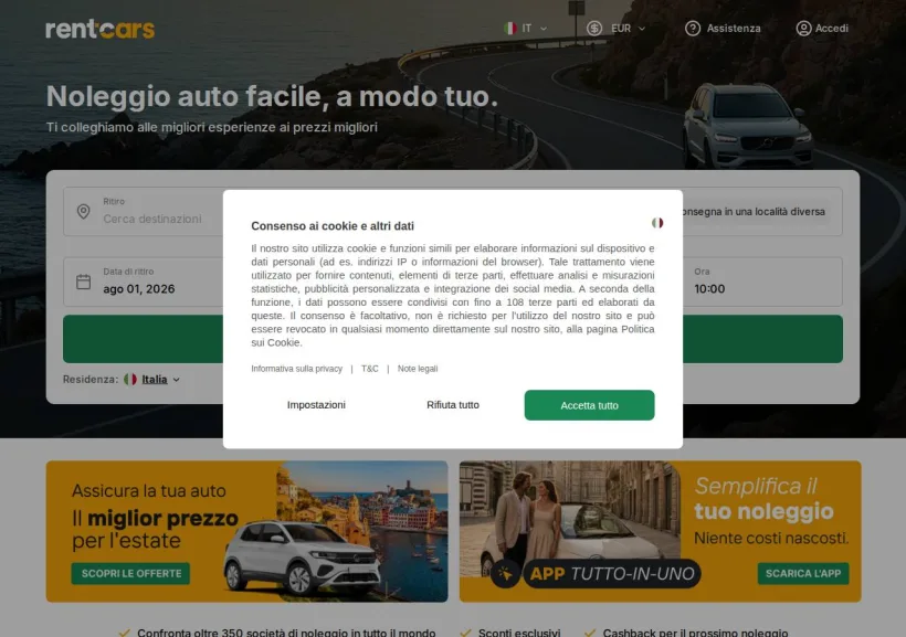Schermata della pagina offerta di Rent Cars