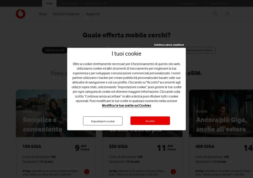 Schermata della pagina offerta di Vodafone