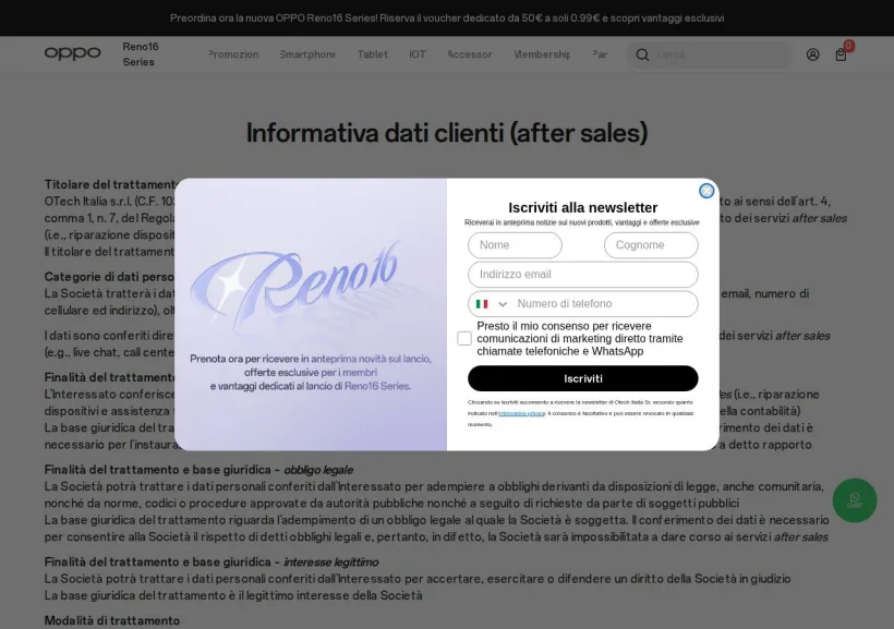 Schermata della pagina offerta di Oppo
