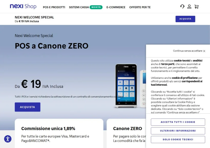 Schermata della pagina offerta di Nexi