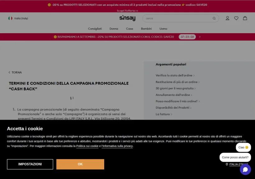Schermata della pagina offerta di Sinsay