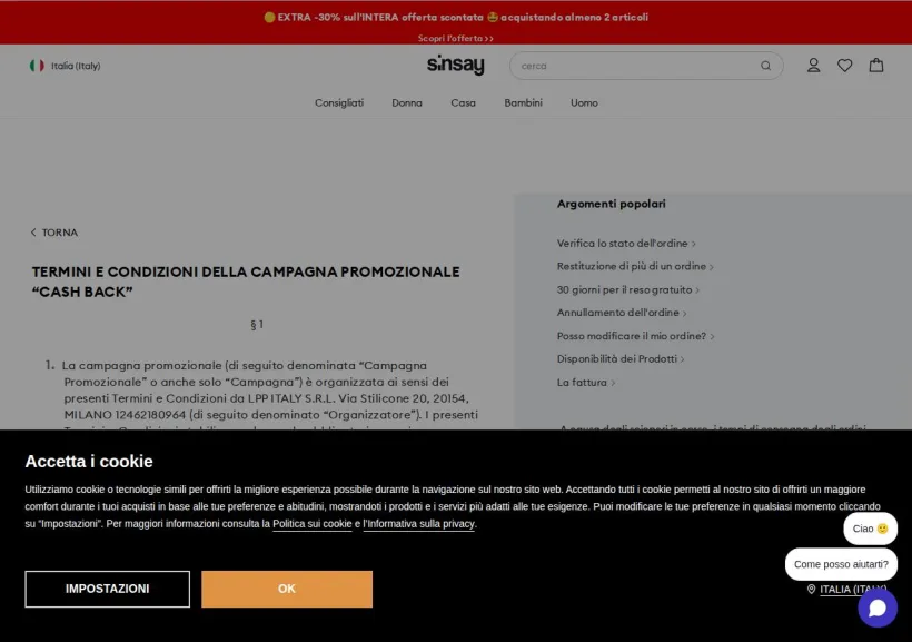 Schermata della pagina offerta di Sinsay