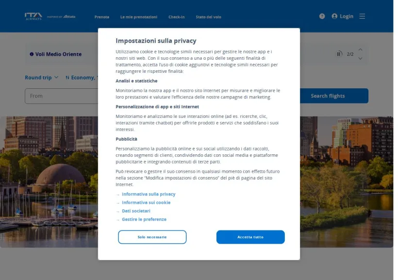Schermata della pagina offerta di ITA Airways