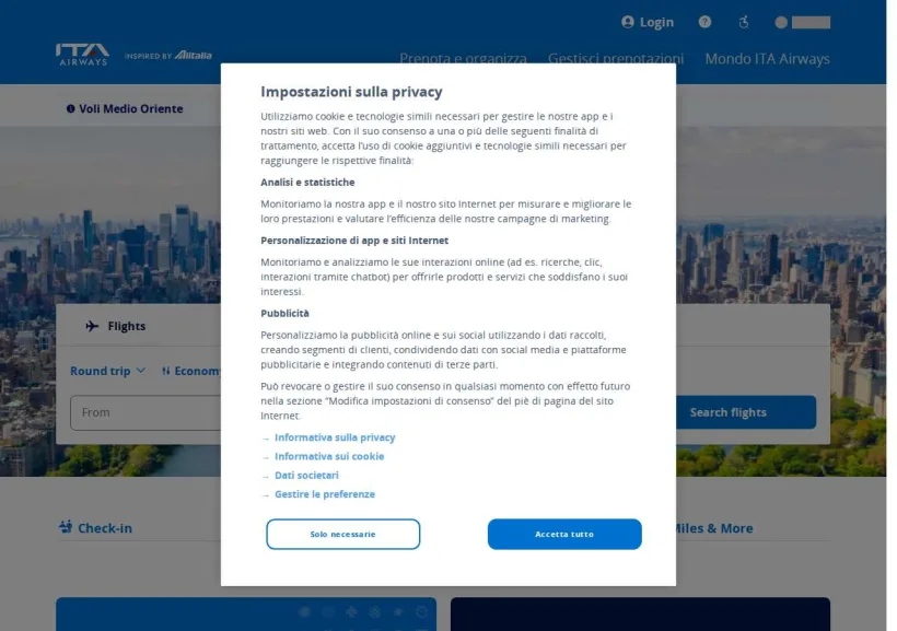 Schermata della pagina offerta di ITA Airways
