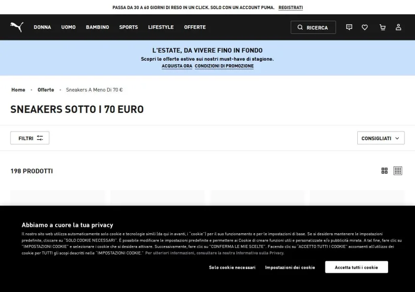 Schermata della pagina offerta di PUMA