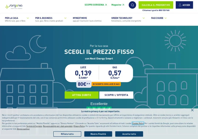 Schermata della pagina offerta di Sorgenia