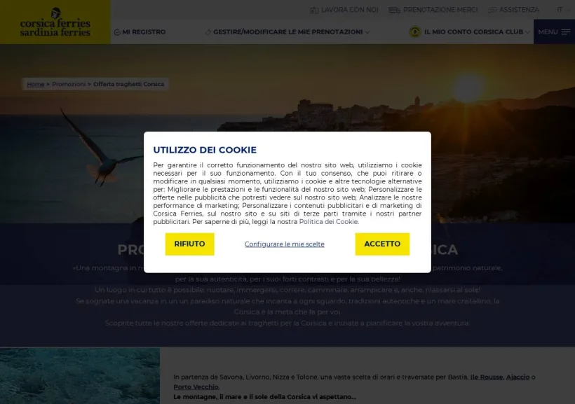 Schermata della pagina offerta di Corsica Ferries