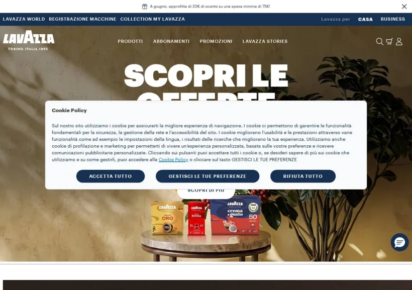 Schermata della pagina offerta di Lavazza