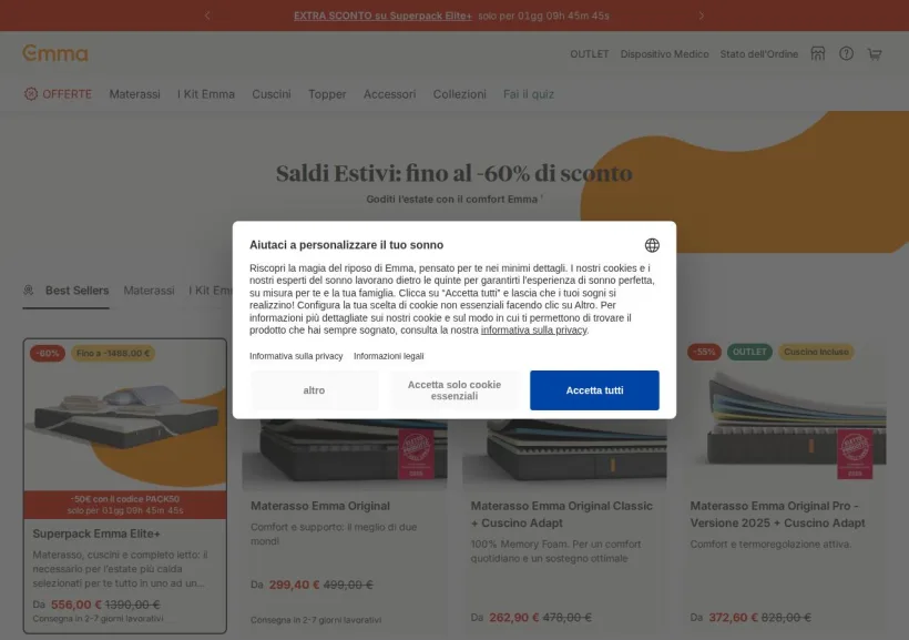 Schermata della pagina offerta di Emma Mattress