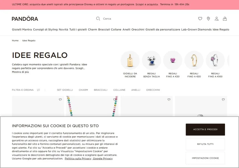 Schermata della pagina offerta di Pandora