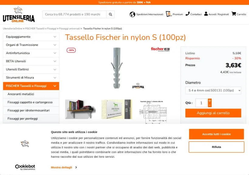 Schermata della pagina offerta di Utensileria Online