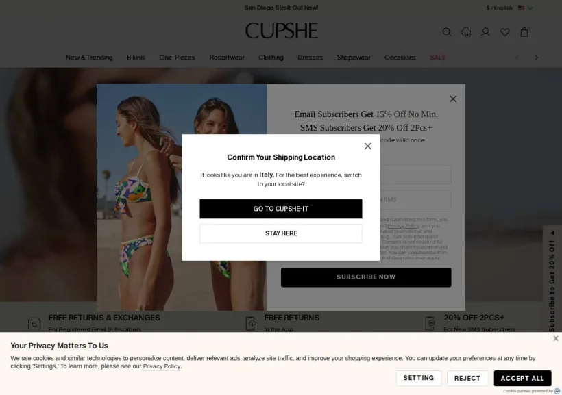Schermata della pagina offerta di Cupshe