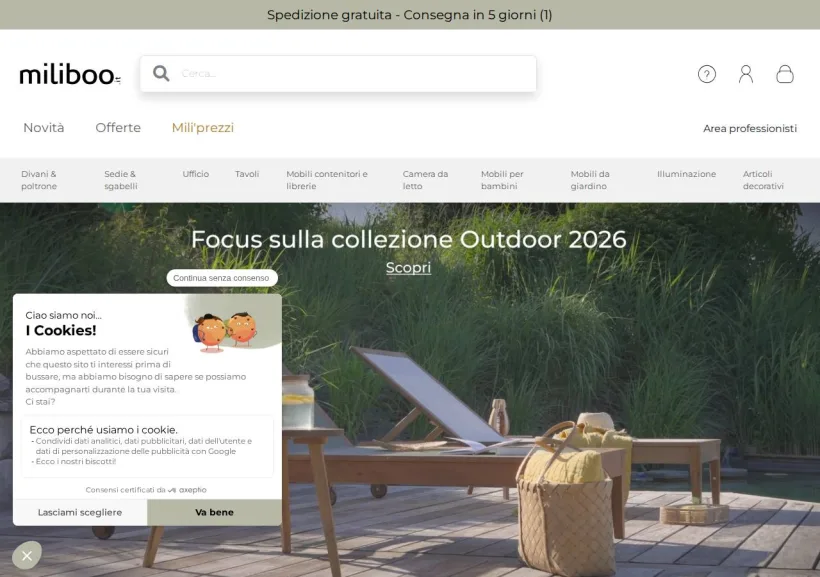 Schermata della pagina offerta di Miliboo