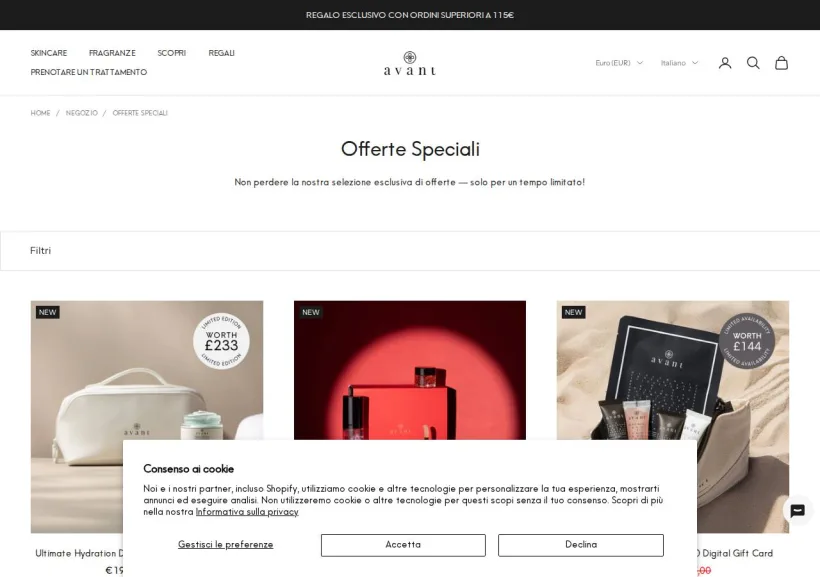 Schermata della pagina offerta di Avant Skincare