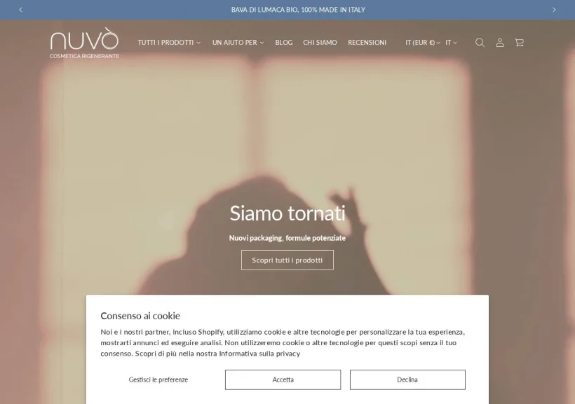 Schermata della pagina offerta di Nuvò Cosmetic