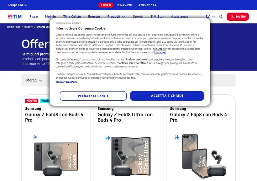 Schermata della pagina offerta di TIM