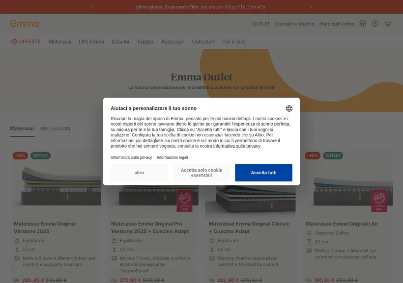 Schermata della pagina offerta di Emma Mattress